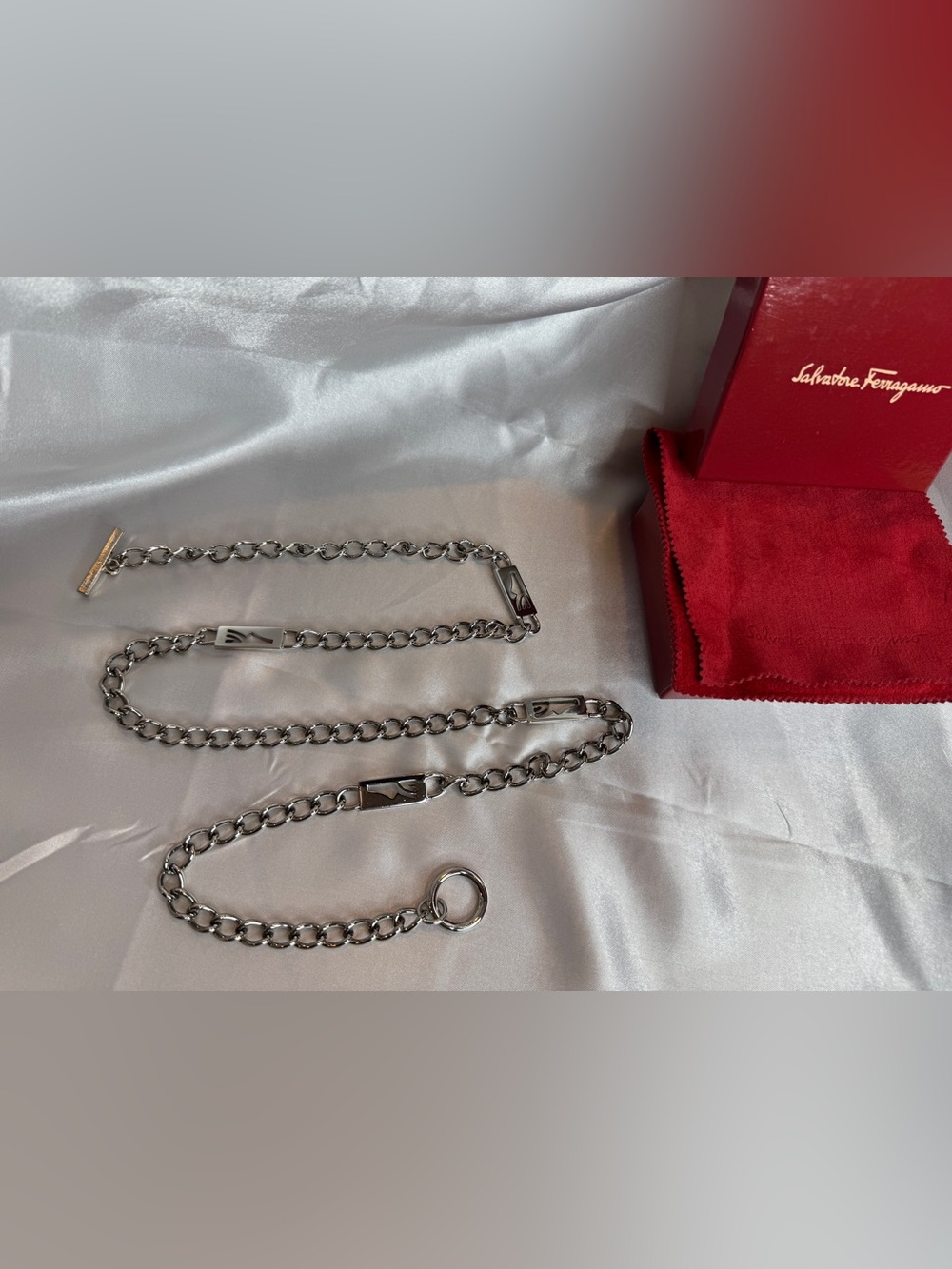 Salvatore Ferragamo Silver-toned Chain Belt with Original Box and Suede Dust Bag